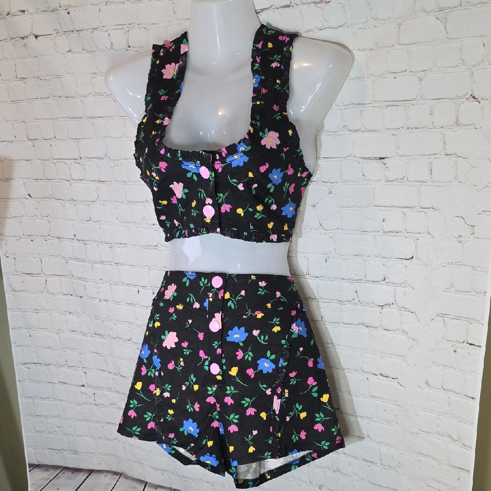 For Love And Lemons Black Floral Crop Top and Shorts Set